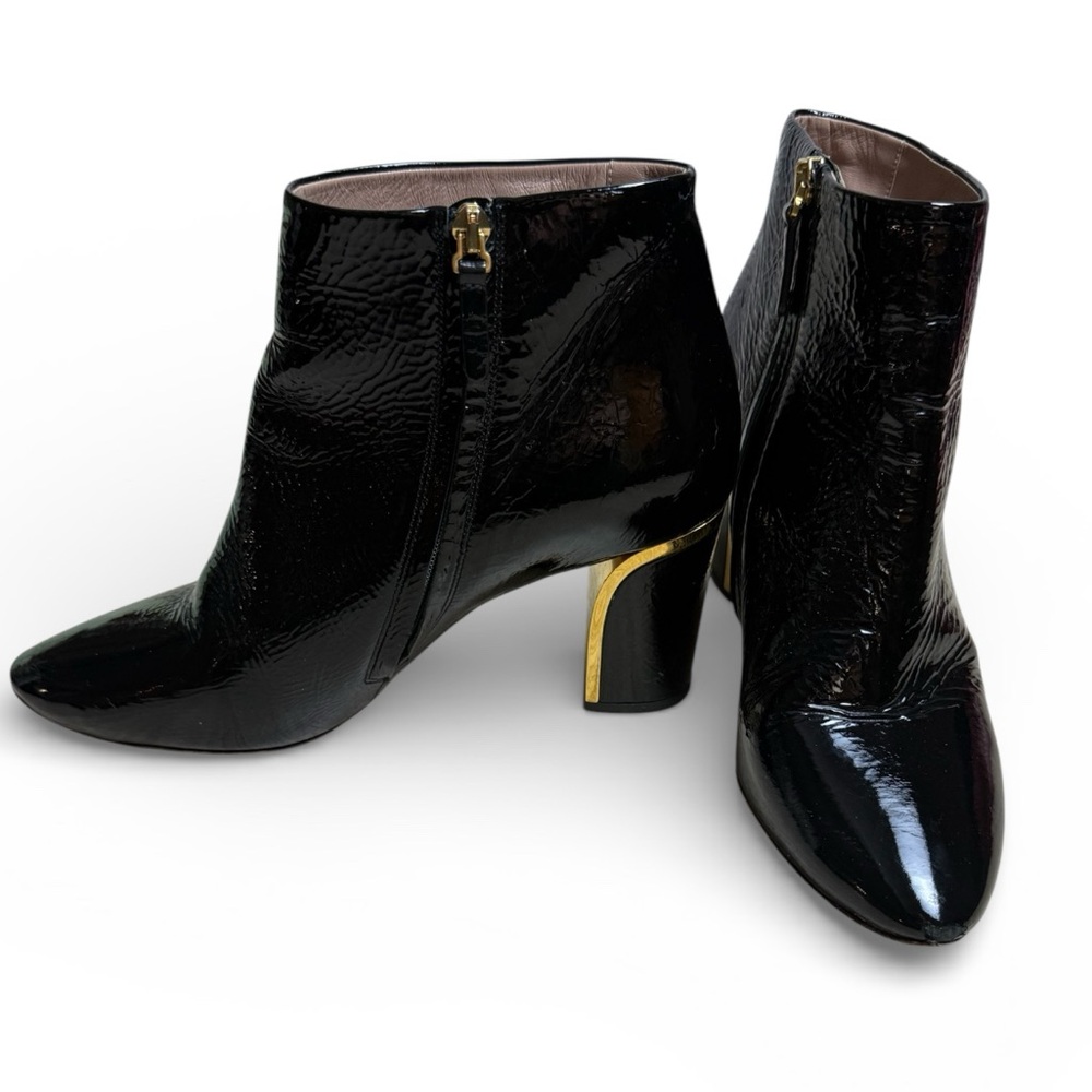 Chloe - Glossy Black Heeled Boots with Gold Accent - Size 40.5 (US 10)